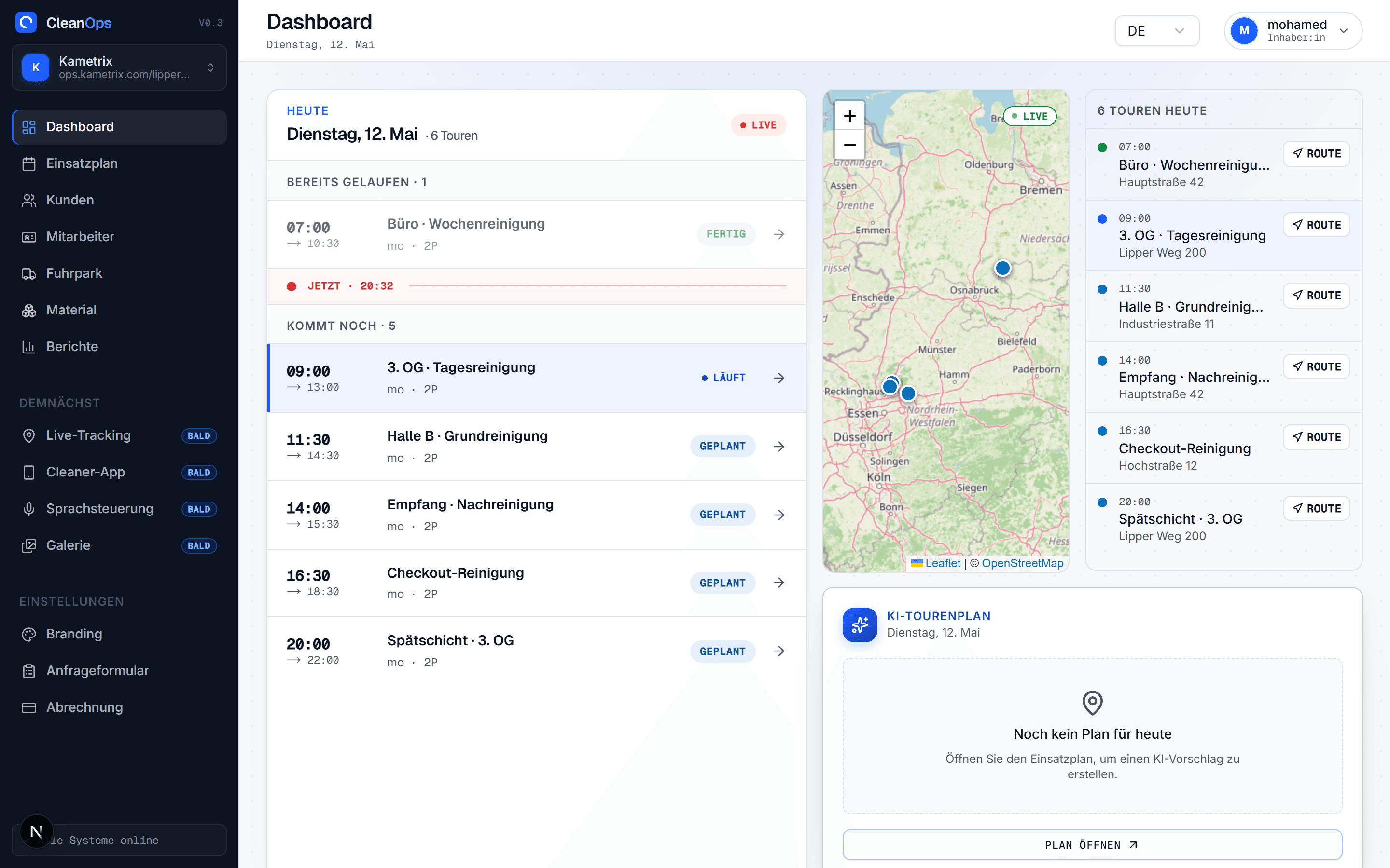 CleanOps Dashboard — Tagesplan mit Live-Touren